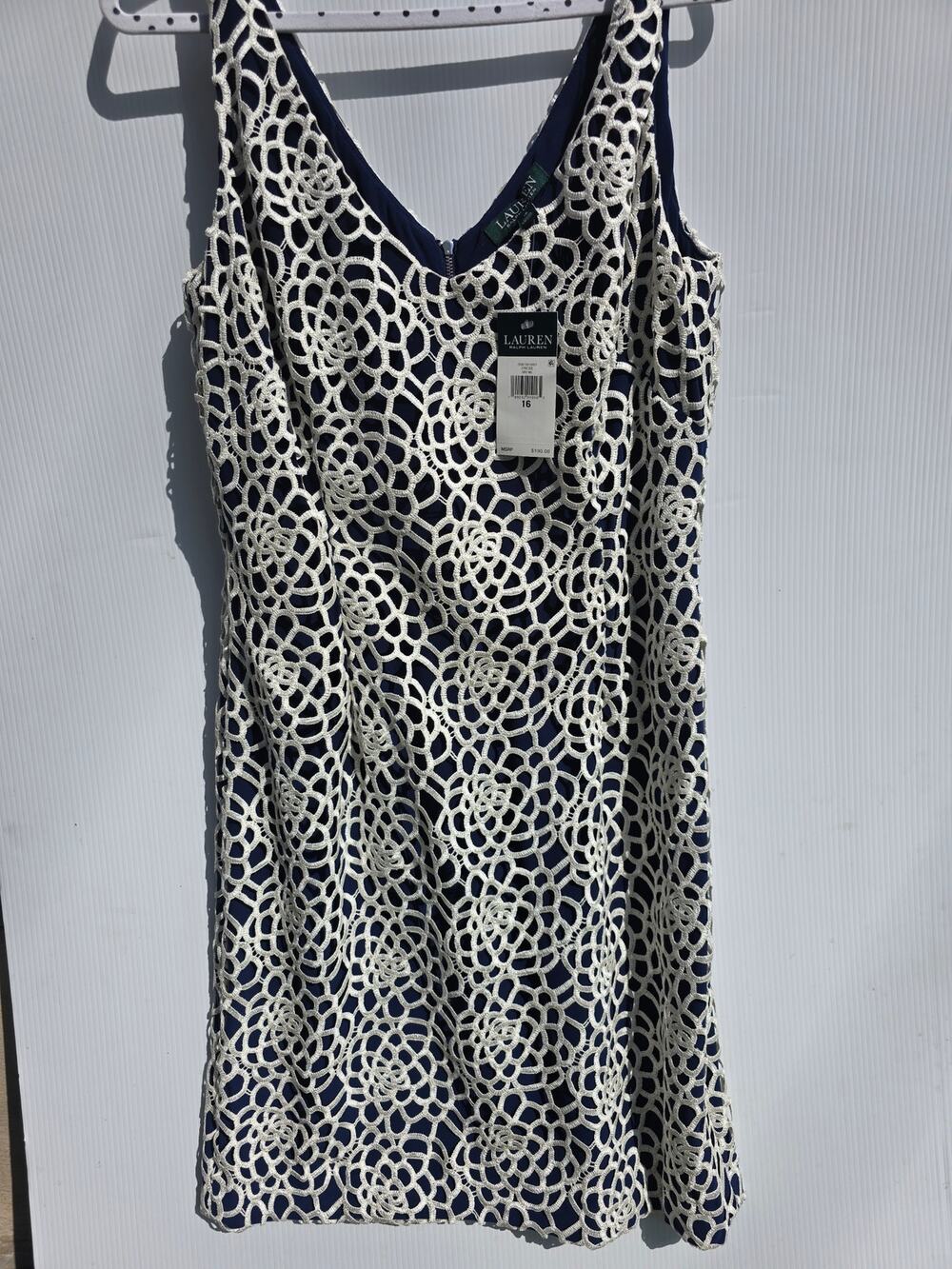 NWT Lauren Ralph Lauren Ivory Navy Lace Sheath Dress Size 16 Cocktail Chic